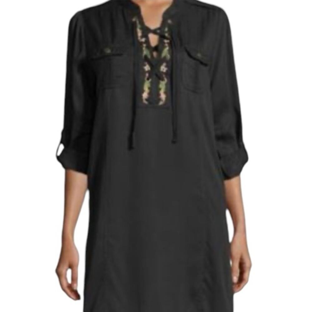 Chelsea & Theodore Embroidered Boho Tunic Dress Black Petite Medium